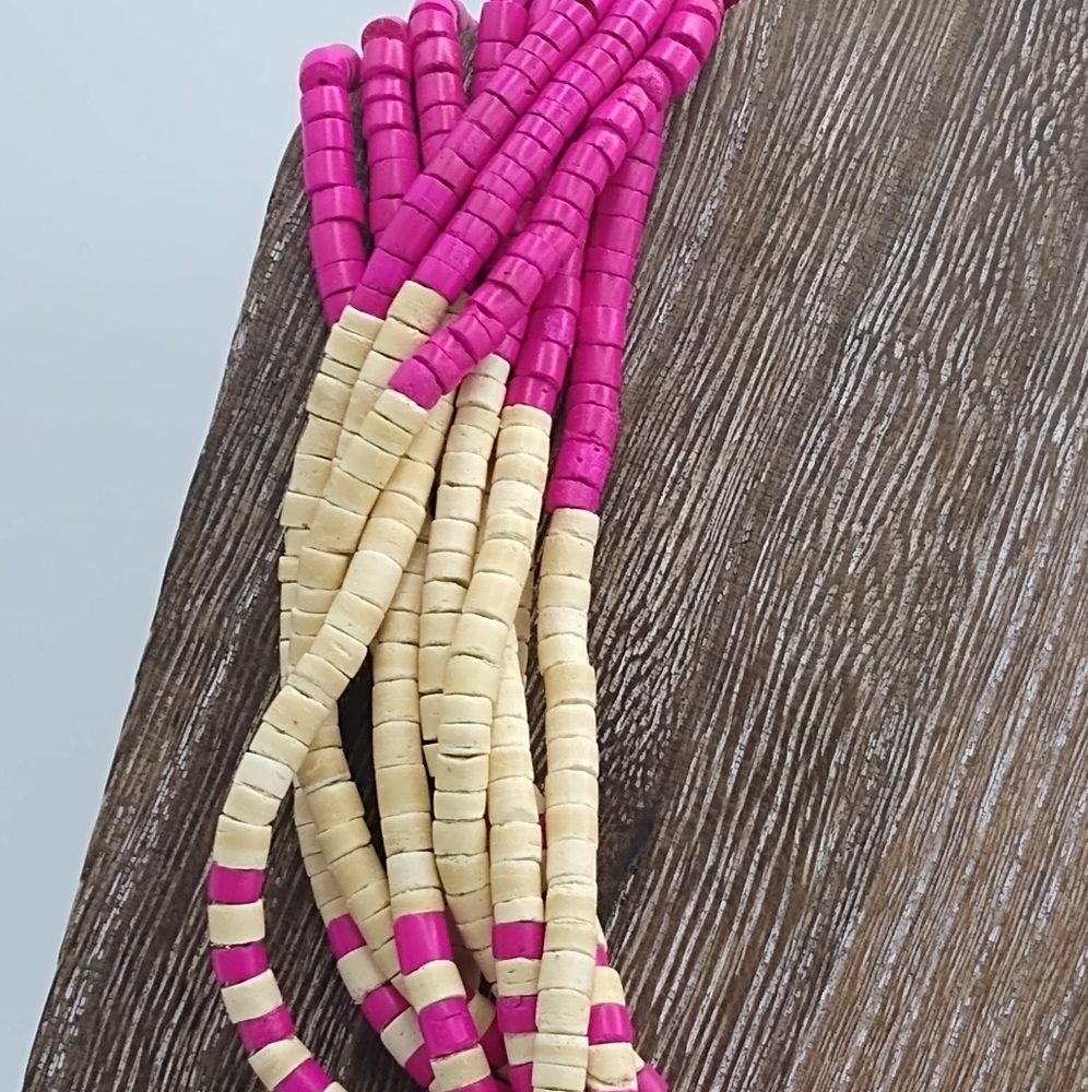 Pink & Cream Faux Bone Bead Multi-Strand Statement Choker Bib Necklace Vintage - Picture 4 of 9